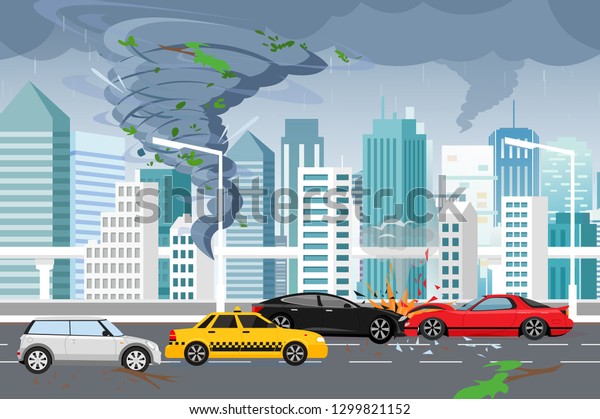 Vector illustration of swirling\
tornado and flood, thunderstorm in big modern city with\
skyscrapers. Hurricane in city, car crash, danger concept in flat\
style.