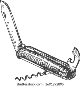 Vector illustration of a Swiss army knife with a tin opener and corkscrew. Object icon illustration in a vintage hand drawn style.