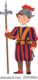 Vector illustration of a Swiss Guard standing at attention, wearing the traditional striped uniform and helmet, holding a halberd.