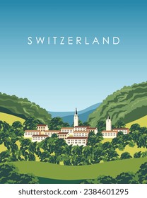 Ilustración vectorial. Suiza. Alpes. Diseño para afiches, portadas, pancartas, postales. Viajes, turismo. Diseño plano.