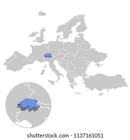 Vector illustration of Switzerland in blue on the grey model of Europe map with zooming replica of country.