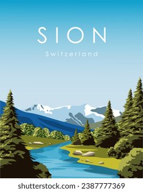 Ilustración vectorial. Suiza. Diseño para afiches, pancartas, postales. Turismo, aventura.