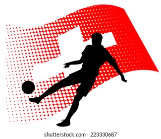 vector illustration of switzerland soccer player silhouette against national flag isolated on white