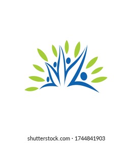 A vector illustration of swoosh people logo sign with grass and leaf symbol in blue and green color combo