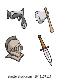 Vector Ilustración de espada, hacha, casco caballero y espada