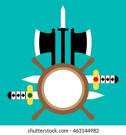 vector illustration of sword axe spear and ship steering wheel flat design