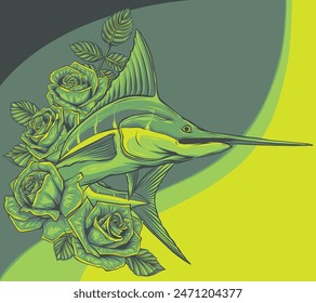 vector illustration of sword fish with roses