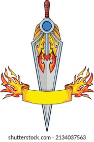 ilustración vectorial de una espada con decoración de llama y banner 