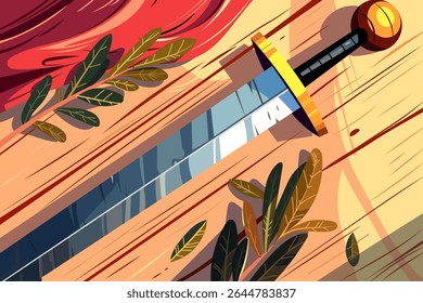 Vector illustration of a sword lying on a wooden surface with green leaves and a red cloth. Bright colors, cartoon style, and vibrant details. Perfect for historical or fantasy themes.