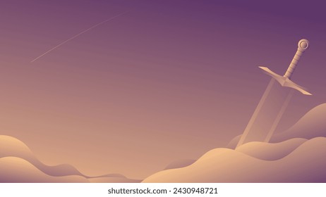 vector illustration of a sword in the middle of the desert, fantasy background design
