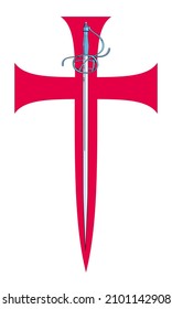 Vector illustration of a sword over a red cross isolated on white 	