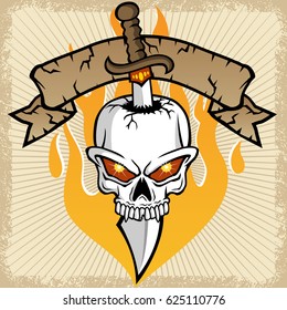 vector illustration of sword pierces the skull with ribbon and flame in grunge frame border