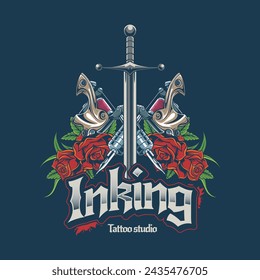 Vector Illustration of Sword, Roses and Tattoo Tools with Vintage Hand Drawing Style Available for Tshirt Design