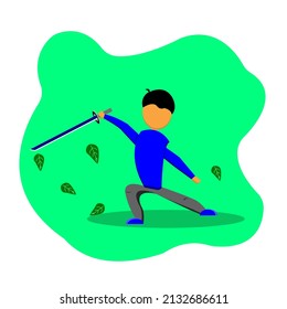 vector illustration of a sword user practicing wearing a blue shirt