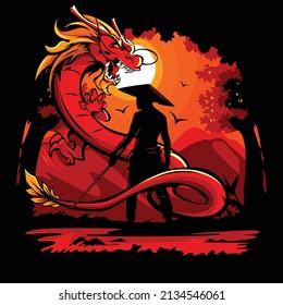 Vector illustration of a swordsman facing a dragon