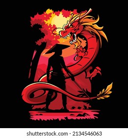 Ilustración vectorial de un espadachín frente a un dragón