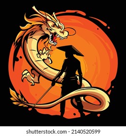 Ilustración vectorial de un espadachín frente a un dragón
