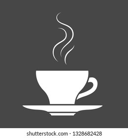 Vector illustration: sybmolic single flat black and white cup of coffee with steam isolated on black background. Icon design for cafes, restourants, cafeteria, posters, banners, cards