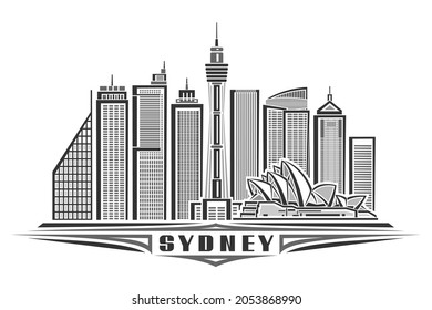 Vector illustration of Sydney, monochrome horizontal poster with linear design famous sydney city scape, urban line art concept with unique decorative letters for black word sydney on white background