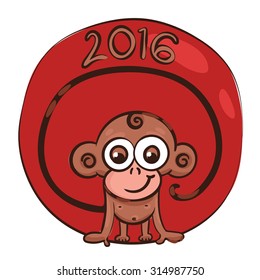 vector illustration, symbol, 2016, smiling monkey with a long tail