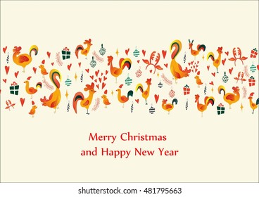 
vector illustration with symbol 2017 - fiery red rooster . 2017 - Year of the cock in the Chinese calendar . greeting card Happy New Year and Merry Christmas .