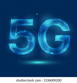 Vector illustration of the symbol 5G. Design for artificial intelligence technology. Glow abstract design. Wireframe geometry on dark blue background with bright dots.