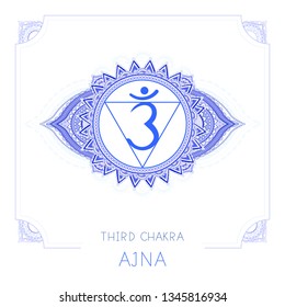 Vector illustration with symbol Ajna - Third Eye chakra and decorative frame on white background. Round mandala pattern and hand drawn lettering. Colored.