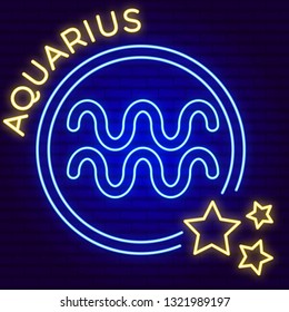 Vector illustration of symbol of aquarius in double circle with stars. neon zodiac sign on the brick wall. blue and yellow glowing.
