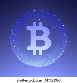vector illustration of symbol bitcoin in shining web with stars on deep blue sky background.