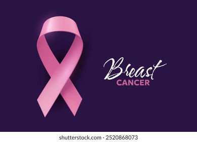 Vector illustration of symbol of breast cancer awareness. Breast cancer pink realistic ribbon with loop and text word on dark color background. Template design for awareness month campaign banner