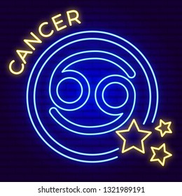 Vector illustration of symbol of cancer in double circle with stars. neon zodiac sign on the brick wall. blue and yellow glowing.