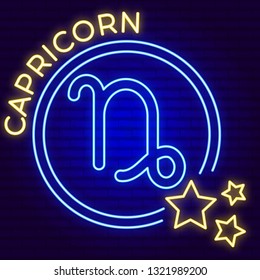 Vector illustration of symbol of capricorn in double circle with stars. neon zodiac sign on the brick wall. blue and yellow glowing.