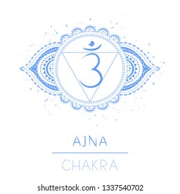 Vector illustration with symbol chakra Ajna on white background. Circle mandala pattern and hand drawn lettering. 