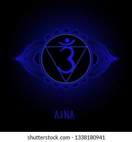 Vector illustration with symbol chakra Ajna on black background. Round mandala pattern and hand drawn lettering. Colored.