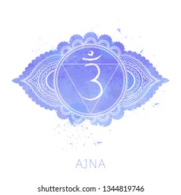 Vector illustration with symbol chakra Ajna and watercolor element on white background. Circle mandala pattern and hand drawn lettering. Colored.