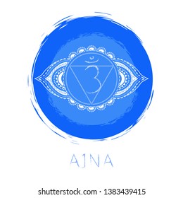 Vector illustration with symbol chakra Ajna and watercolor element on white background. Circle mandala pattern and hand drawn lettering. Colored.