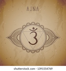 Vector illustration with symbol chakra Ajna grunge background. Circle mandala pattern and hand drawn lettering. 
