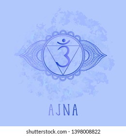 Vector illustration with symbol chakra Ajna on watercolor background.