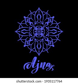Vector illustration with symbol chakra Ajna and watercolor element on white background. Circle mandala pattern and hand drawn lettering. Colored.