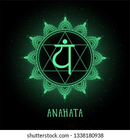 Ilustración vectorial con el símbolo chakra Anahata sobre fondo negro. Patrón de Mandala redonda y letras dibujadas a mano. De color.