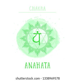 Vector illustration with symbol chakra Anahata and watercolor element on white background. Circle mandala pattern and hand drawn lettering. Colored.