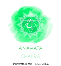 Ilustración vectorial con símbolo chakra Anahata y elemento acuarela sobre fondo blanco. Patrón de Círculo Mandala y letras dibujadas a mano. De color.