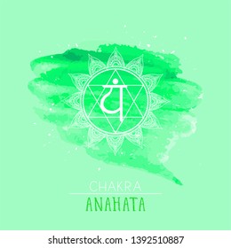 Vector illustration with symbol chakra Anahata on watercolor background. Circle mandala pattern and hand drawn lettering. Multicolor.