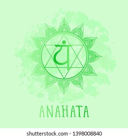 Vector illustration with symbol chakra Anahata on watercolor background. 