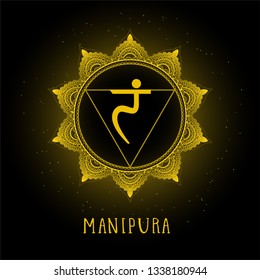 Vector illustration with symbol chakra Manipura on black background. Round mandala pattern and hand drawn lettering. Colored.