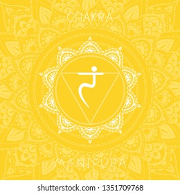 Vector illustration with symbol chakra Manipura on ornamental background. Round mandala pattern and hand drawn lettering. Colored.