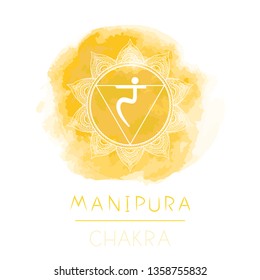 Vector illustration with symbol chakra Manipura  and watercolor element on white background. Circle mandala pattern and hand drawn lettering. Colored.