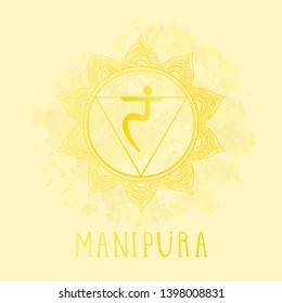 Vector illustration with symbol chakra Manipura on watercolor background.