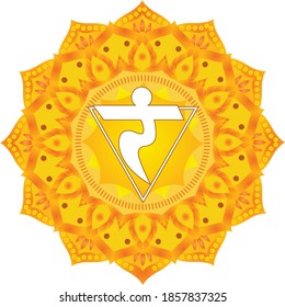 Vector illustration with symbol chakra Manipura and watercolor element on white background. Circle mandala pattern and Colored.