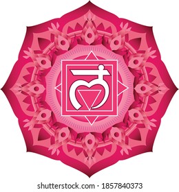 Vector illustration with symbol chakra Mulachakra and watercolor element on white background. Circle mandala pattern and Colored.